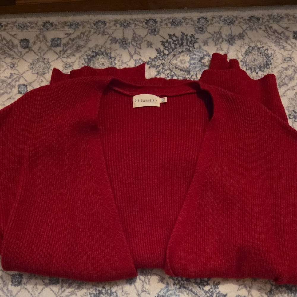 red knit open-front cardigan